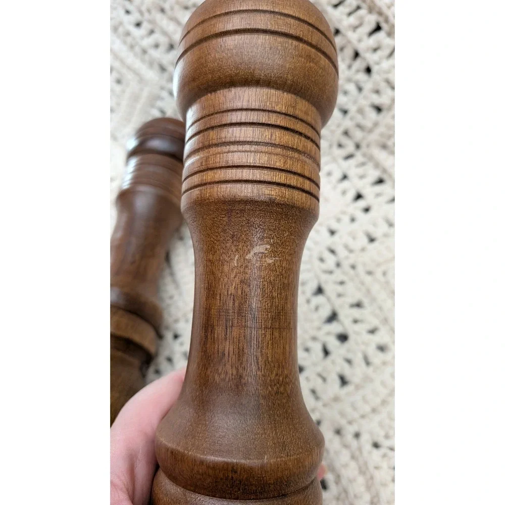 Vintage‎ MCM Wooden Salt & Pepper Mill Set Dark Brown Tall Turned Wood 10.5 Inch